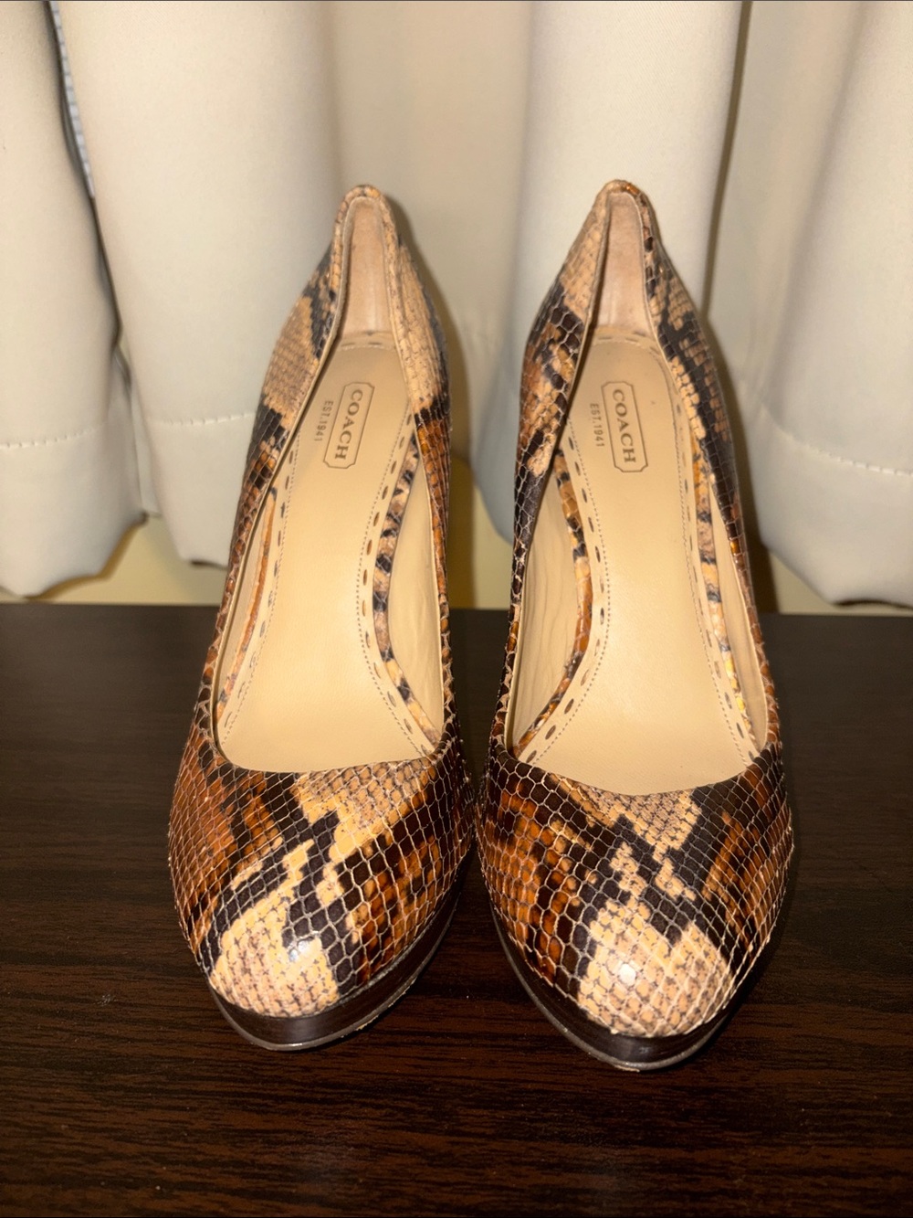 Coach Snakeskin-Patterned High Heel Pumps in Brown and Tan